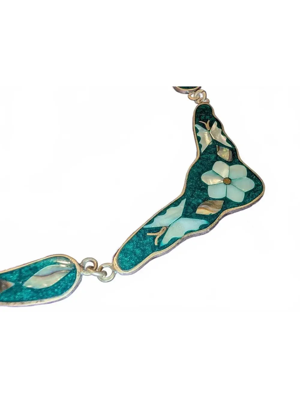 Vintage Alpaca Mexican Silver Inlaid Necklace with Turquoise and Mother of Pearl